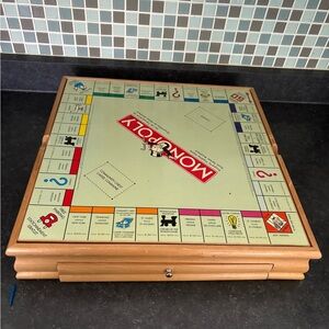 Wooden game box containing 8 classic games (almost complete)